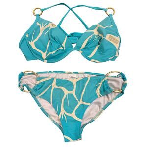 Tara Grinna 2 Piece Bikini Swimsuit Blue Gold Cream Sz 6 Bottoms 38 B 38 C Tie